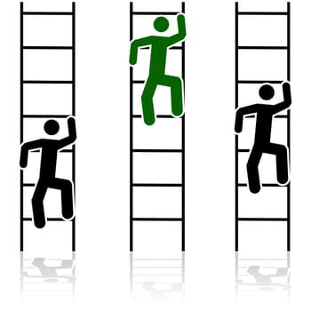 Concept illustration showing three different people climbing ladders