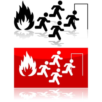 Icon illustration showing people running from a fire towards a door