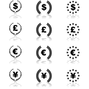Icon set showing different currency symbols arranged with other design elements