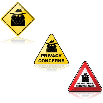 Icon set showing signs with a spy to alert about privacy concerns