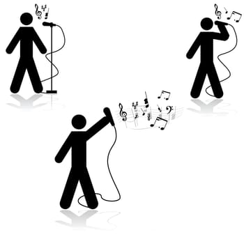 Icon illustration showing a man in three different singing poses with musical notes beside him