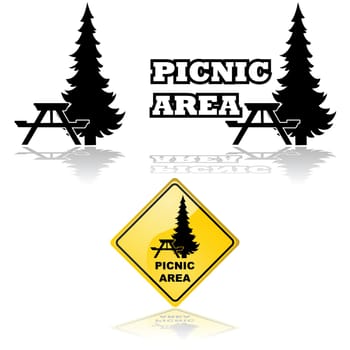 Icon illustration showing a picnic table and a pine tree, with the words "picnic area"""