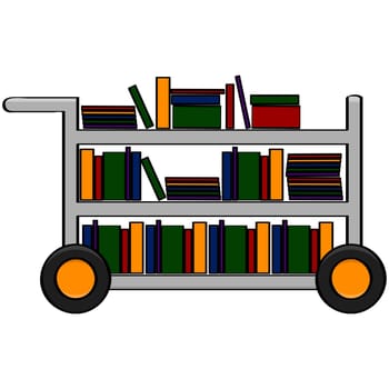 Cartoon illustration showing a library cart filled with different books