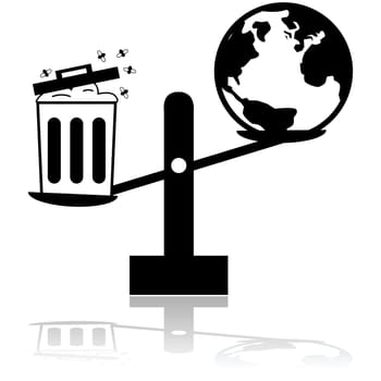 Concept illustration showing a scale balancing planet Earth with a garbage can