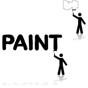 Icon illustration of a man painting a wall and also the word "paint"""