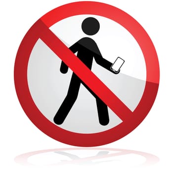 Concept illustration showing a forbidden sign over a man who's walking and looking down at his phone