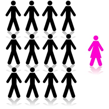 Concept illustration showing a pink woman being singled out from a man crowd