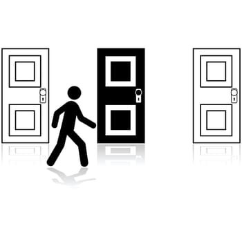 Concept illustration showing a man choosing between three closed doors