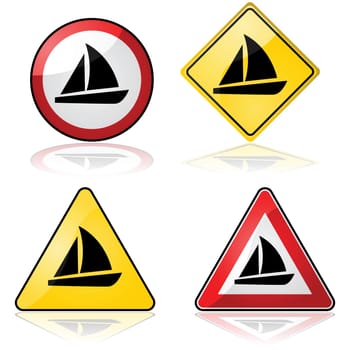 Icon set showing different traffic signs with a sailboat