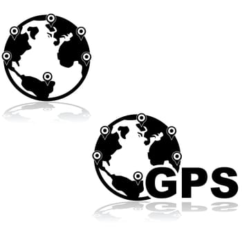 Icon illustration showing planet Earth with many location identifiers and also with the word GPS