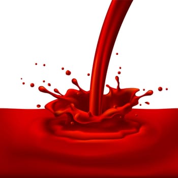 Pouring of red paint with splashes. Bright illustration on white background