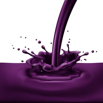 Pouring of violet paint with splashes. Bright illustration on white background