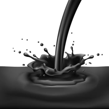 Pouring of black paint with splashes. Bright illustration on white background