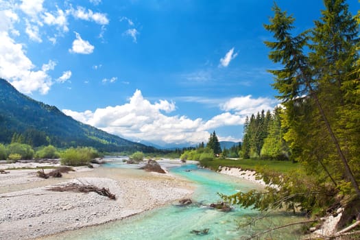 Isar flows through the foothills of the Alps with the Karwendel Mountains