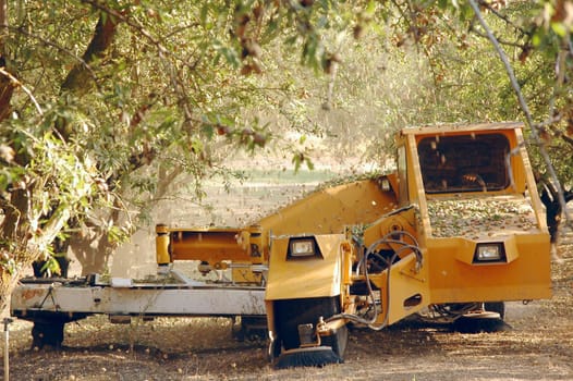 Almond combain at the harvest time. California, USA