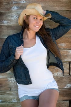 Pretty smiling denim jacket cowgirl