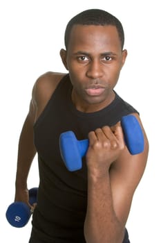 Isolated black fitness man lifting weights
