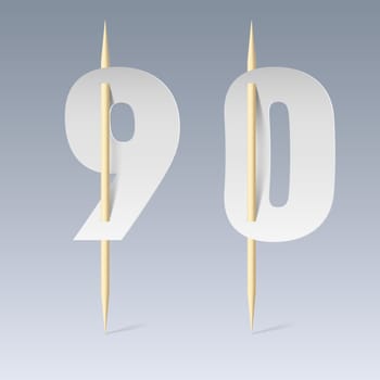 Illustration of white paper cut font on toothpicks on grey background. 9 and 0 numerals