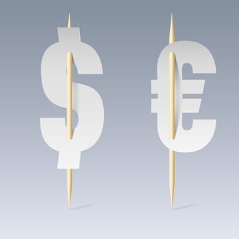 White paper cut font on toothpicks on grey background. Dollar and euro signs
