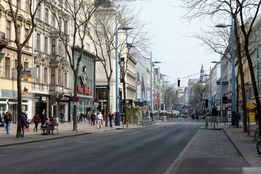 Vienna,Austria - March 31,2014: Mariahilferstraße with shops and shops as well as passers-by on March 31,2014 in Vienna.