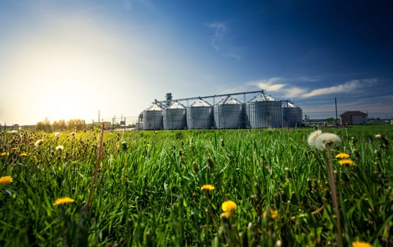 Beautiful photo of grain elevators in meadow at sunset