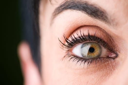 frontal view of the right eye of a middle-aged black-haired woman,right ear in fuzzy hIntergrund