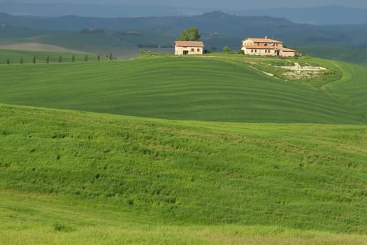 Tuscan landscape. Green fields in foreground and homestead standing on the horizon. Storm dark sky in the background.
