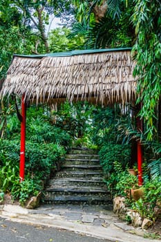 arched entrance with stone stairs in the zoo