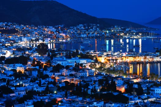 View of Bodrum harbor by night. Turkish Riviera.