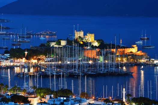 View of Bodrum harbor by night. Turkish Riviera.