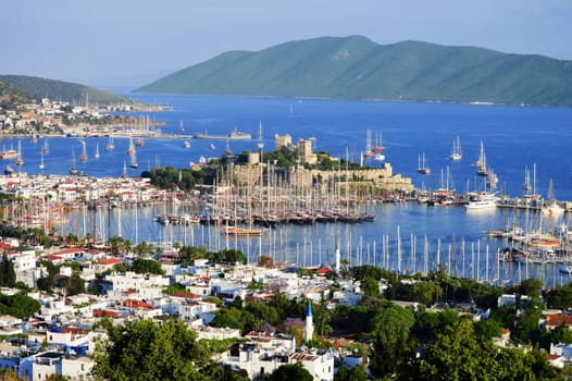 View of Bodrum harbor during hot summer day. Turkish Riviera.