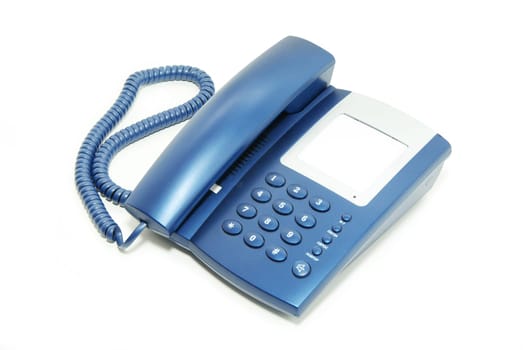blue office telephone on a white  background