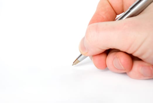 Hand holding pen isolated on white background
