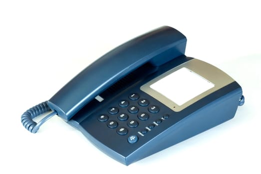 blue office telephone on a white  background