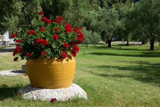 Greek garden with  big earthenware jar