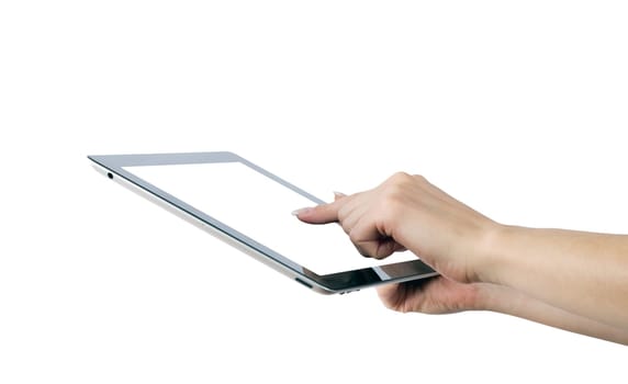 hands with tablet computer on white