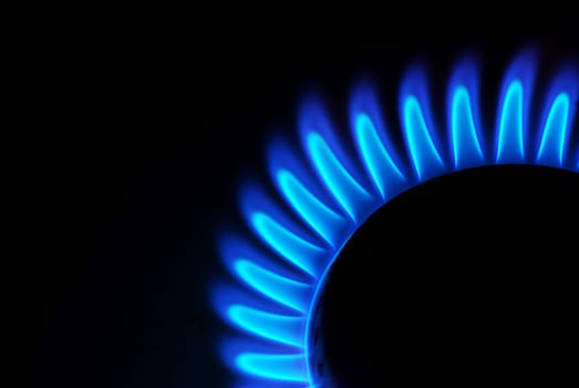 Blue flames of gas stove in the dark