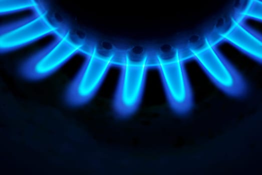 Blue flames of gas stove in the dark