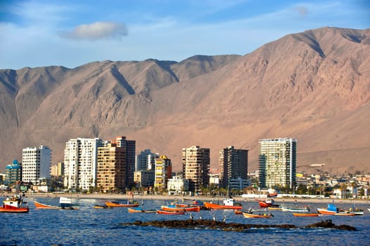 Iquique behind a huge dune, northern Chile, TarapacÃ?Â¡ Region, Pacific coast, west of the Atacama Desert and the Pampa del Tamarugal