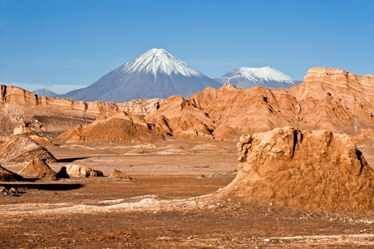 Volcanoes Licancabur and Juriques, Moon Valley, Atacama, Chile