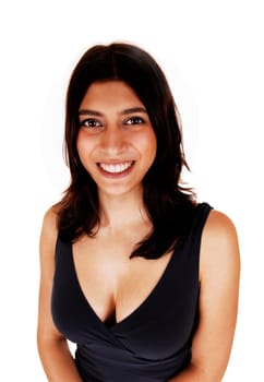 A closeup portrait of a young smiling woman in a black dress, isolated.on white background..