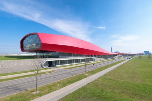 The wall, a red shopping mall and noise barrier along the A2 highway in Utrecht, Netherlands. With 800 meter this is also the longest building in the netherlands