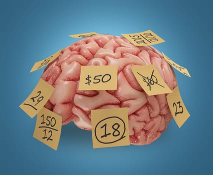 Human brain with yellow sticky notes attached. Concept of good or bad memory. Clipping path included.