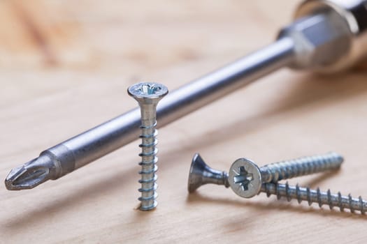 Close-up of a cross screwdriver with screws in wood while DIY in a workshop