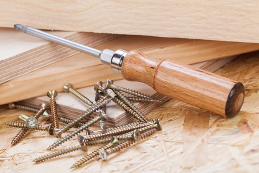 Close-up of a cross screwdriver with screws in wood while DIY in a workshop