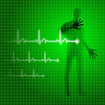Neon green medical background with human silhouette and cardiogram line