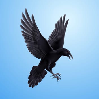 Illustration of aggressive black raven on blue sky background