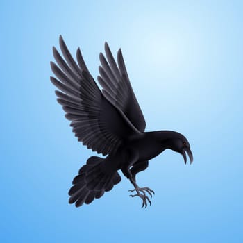 Aggressive black raven. Illustration on blue sky background