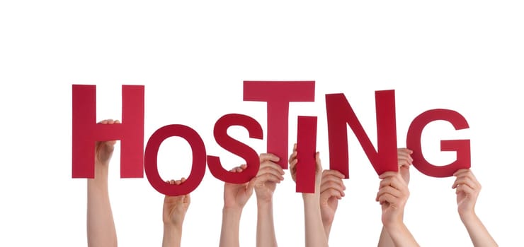 Many Hands Holding the Red Word Hosting, Isolated