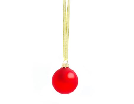 Christmas ball hanging with ribbons on white background
